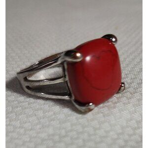 Silver Tone &  Faux Coral Red Square Stone Ring Size 9, Vintage